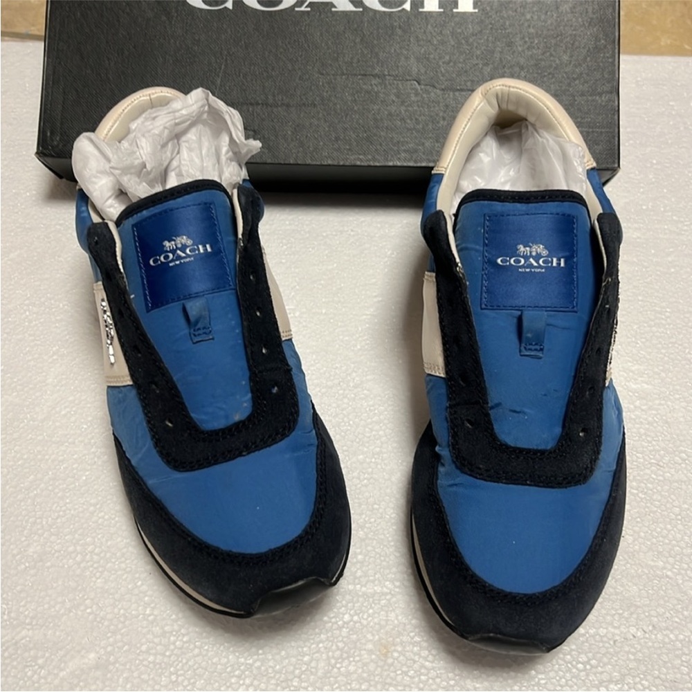 🆕 Coach leather logo trainer Blue and White Sneakers no shoelaces - Picture 2 of 10